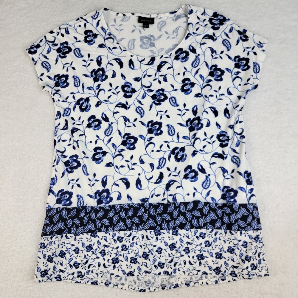 J Jill Wearever‎ Top Womens Small White Blue Floral Blouse Stretch Pullover
